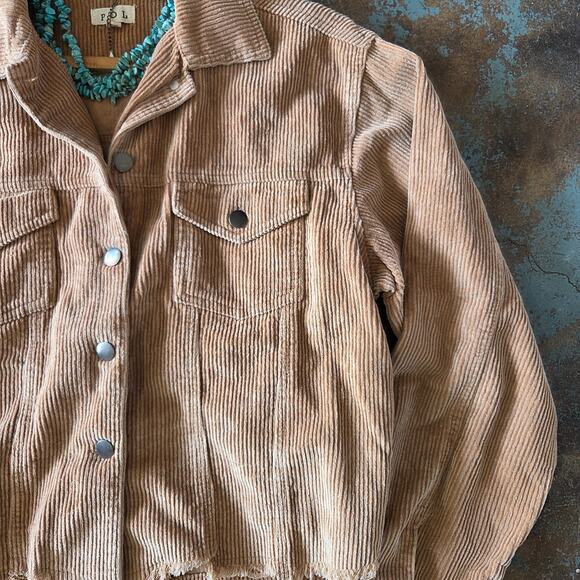 POL Cropped Corduroy Jacket Size S Tan Raw Hem Trucker Long Sleeve Festival - Picture 4 of 10